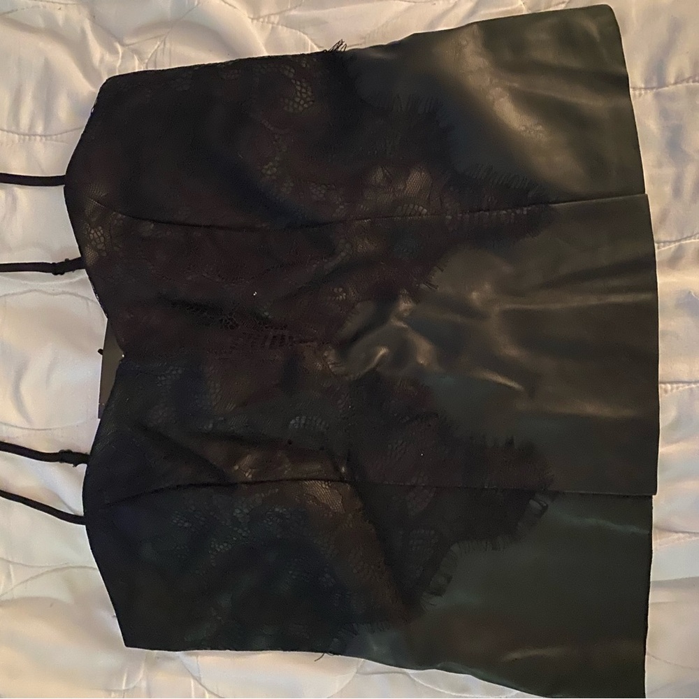Black Lace and Leather Strapless Top
